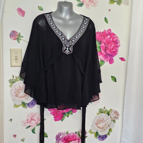 White House Black Market Size XS Dressy Capelet Chiffon Blouse Embroidered - Picture 3 of 7